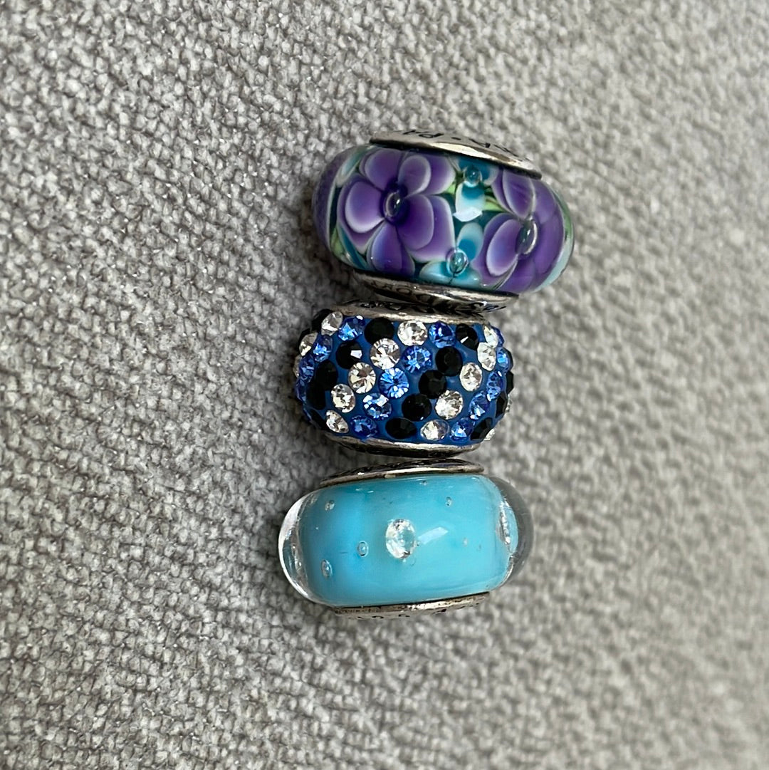 Bundle of Sterling Silver Blue Pave Purple Flower Charms x3 Will fit moments