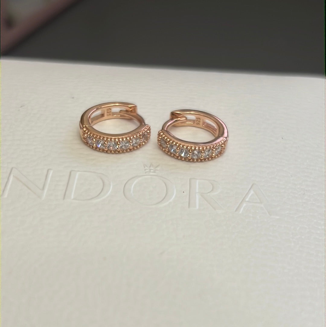 Sterling Silver Rose Plated Pave Small Hoop Earrings