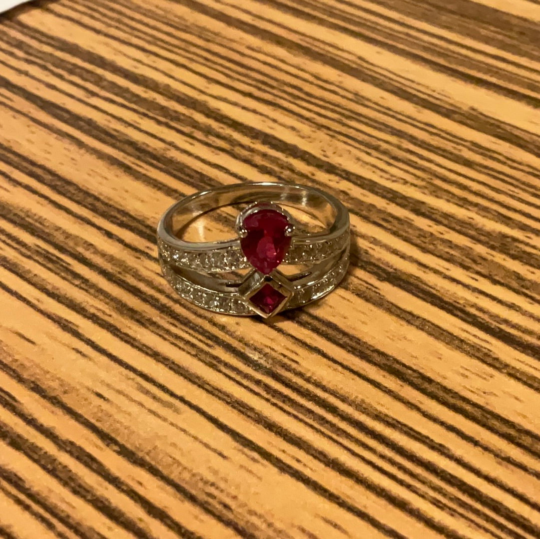 Sterling Silver pave double layered ring with pink stones size 54
