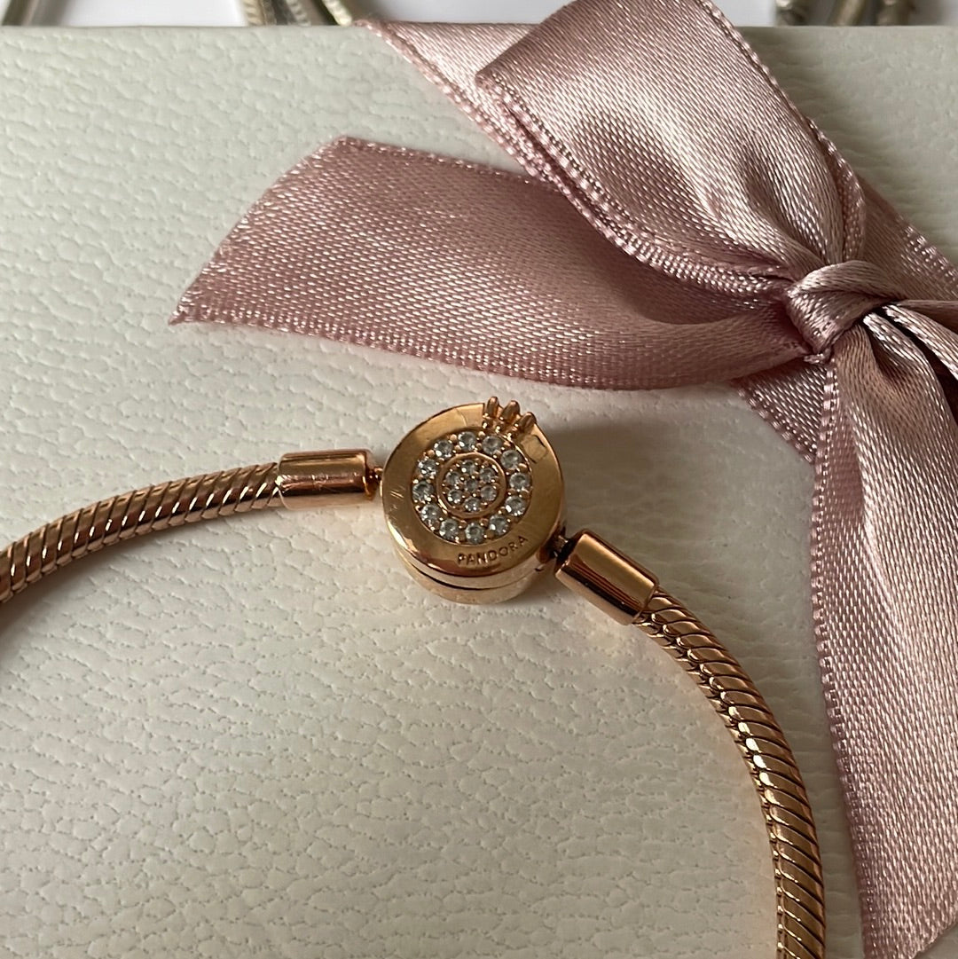 Genuine Pandora Moments Rose Gold Bracelet 17cm Crown Pave Clasp