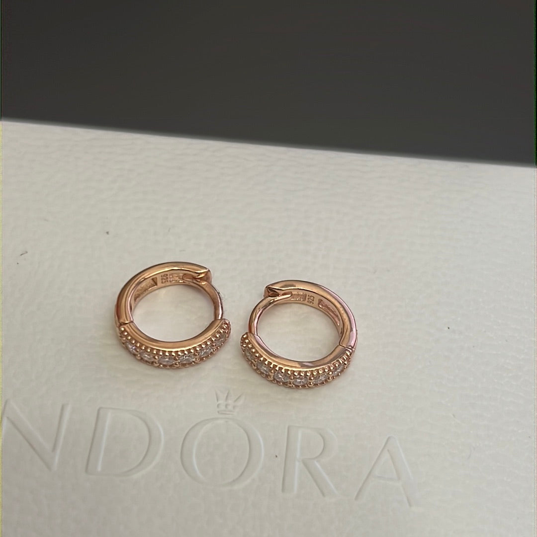 Sterling Silver Rose Plated Pave Small Hoop Earrings