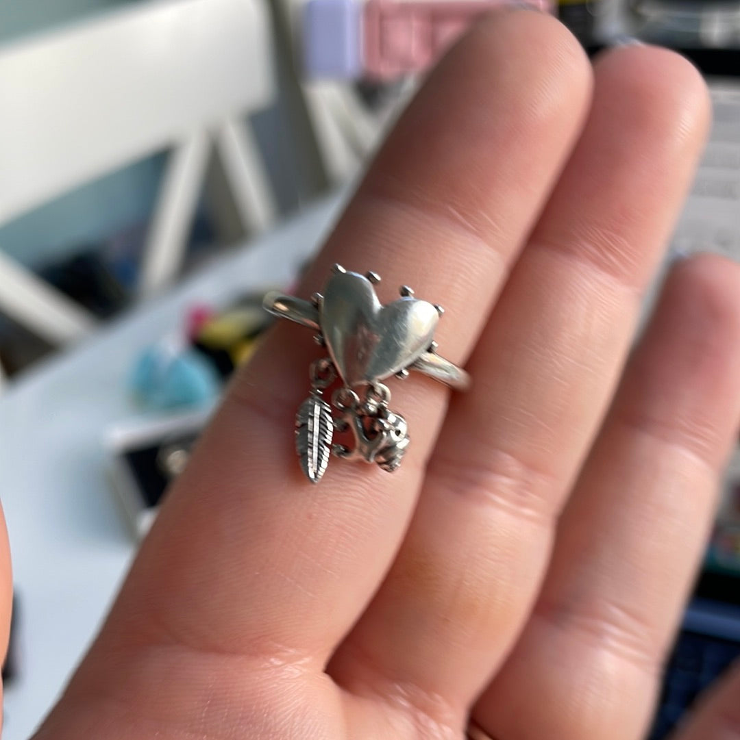 Genuine Pandora Heart Dangle Ring Anchor, feather and shell 56