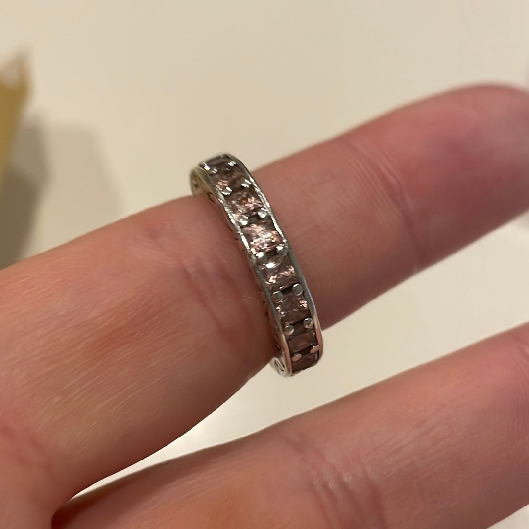 Genuine Pandora Square Pink/ Clear CZ Pave Ring Eternity With Leaf Detail Size 52