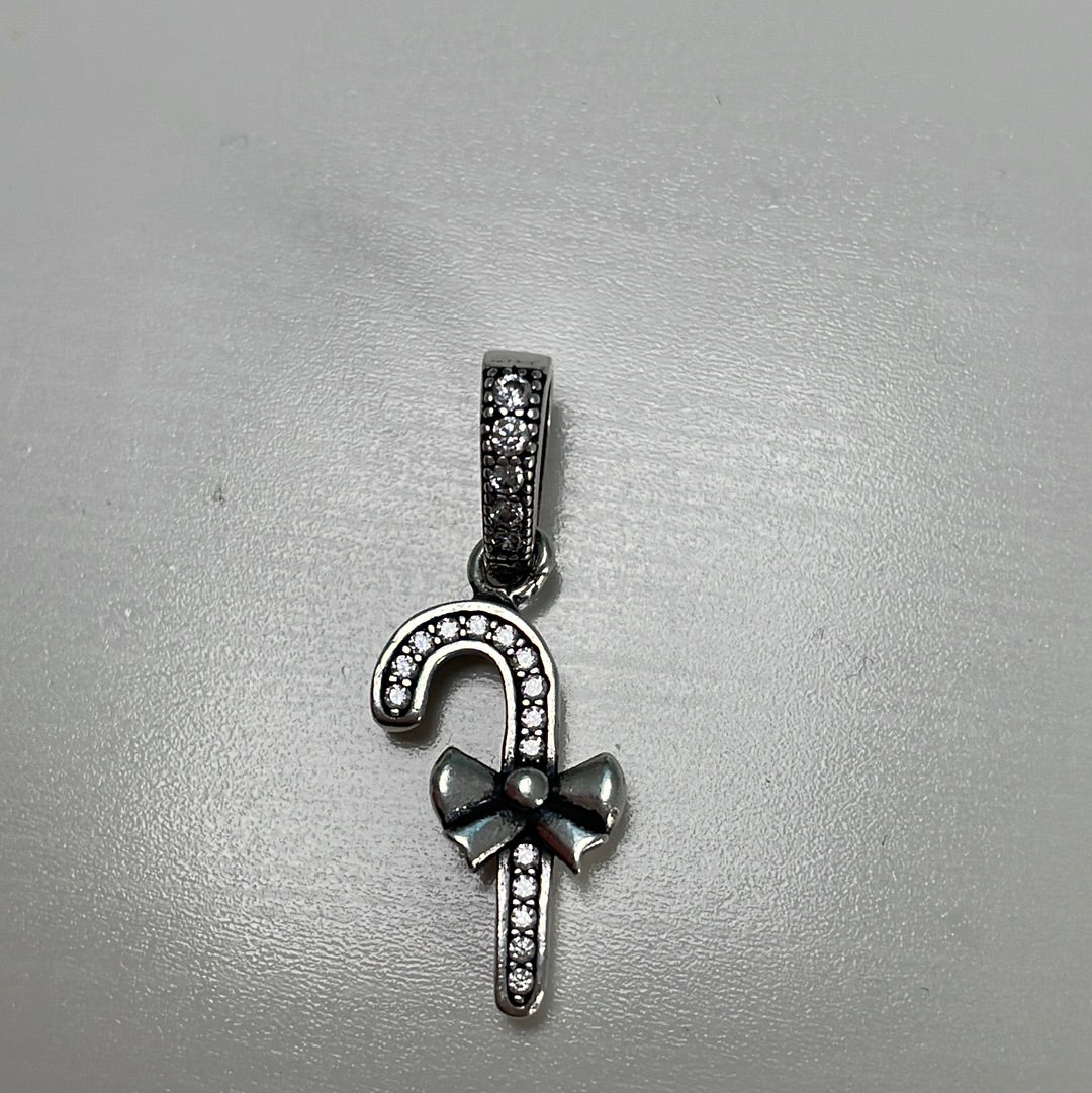Sterling Silver Clear Pave Candy Cane Dangle Charm