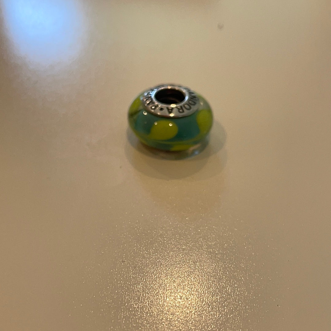 Genuine Pandora Lime Green Swirl Paint on a Green Background Murano Charm