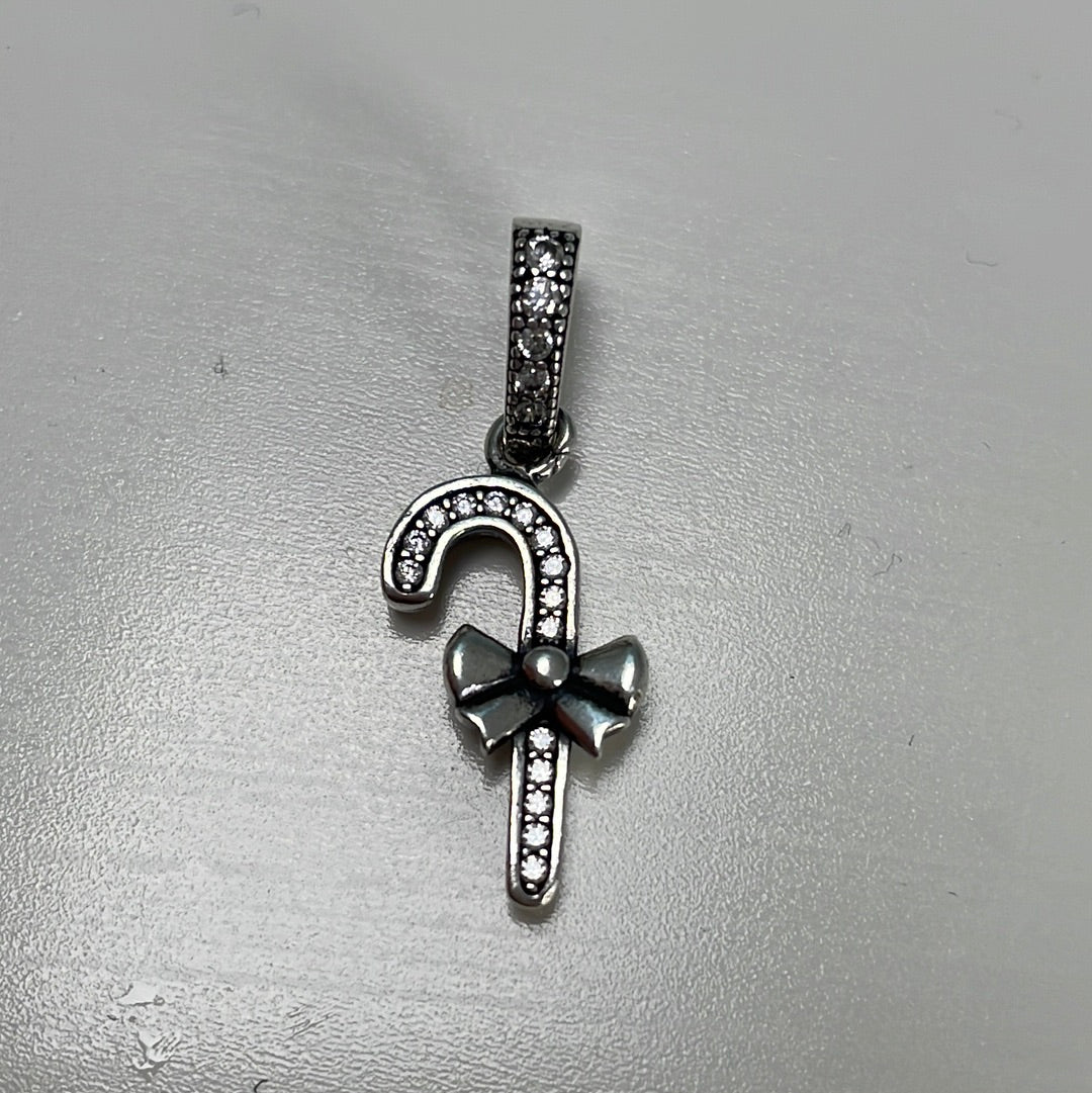 Sterling Silver Clear Pave Candy Cane Dangle Charm