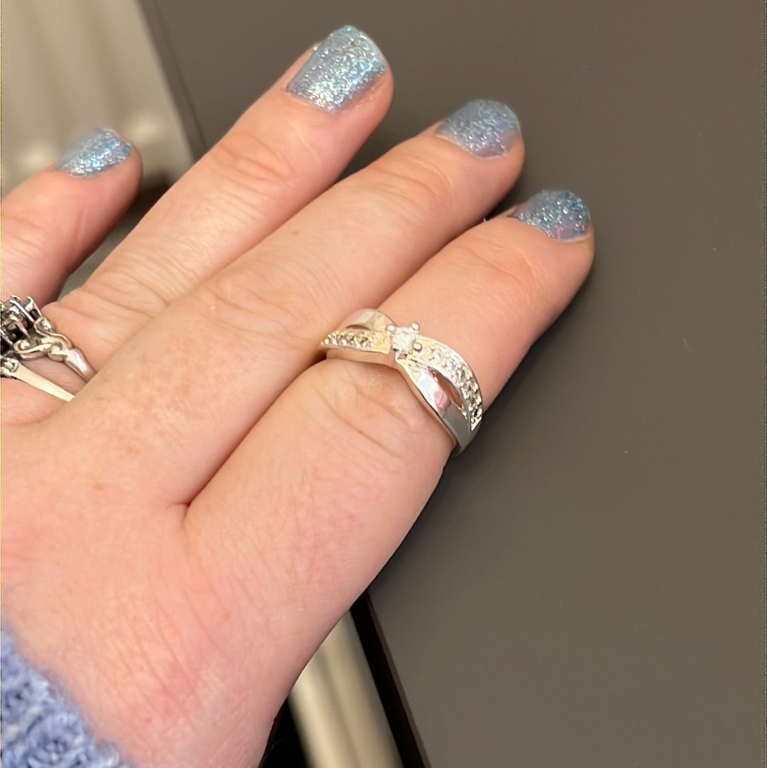 Silver Plated Pave Clear Crossover Ring Size 54