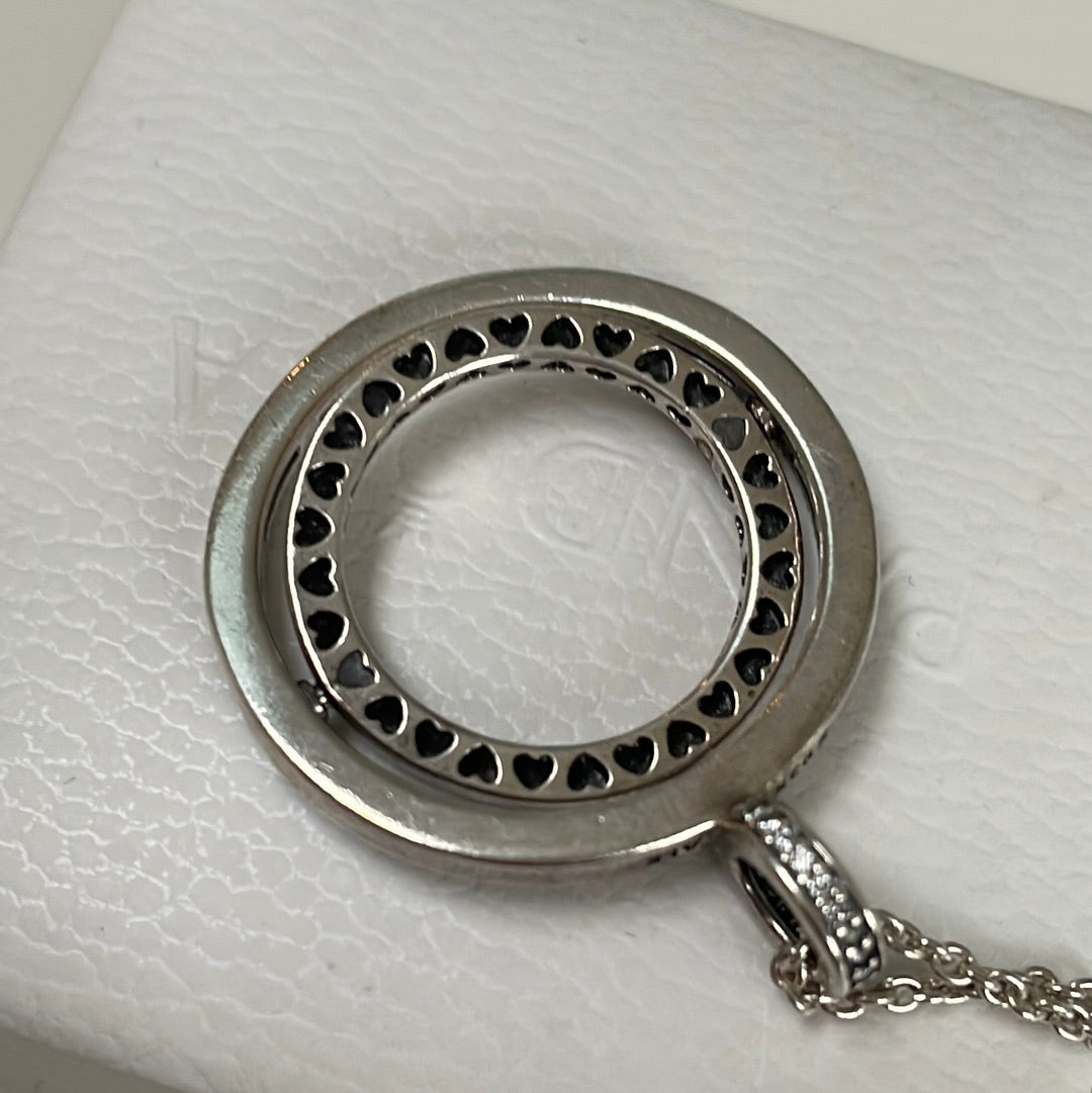 Genuine Pandora Pave Two Circles Twistable Radiant Hearts Logo Pendant