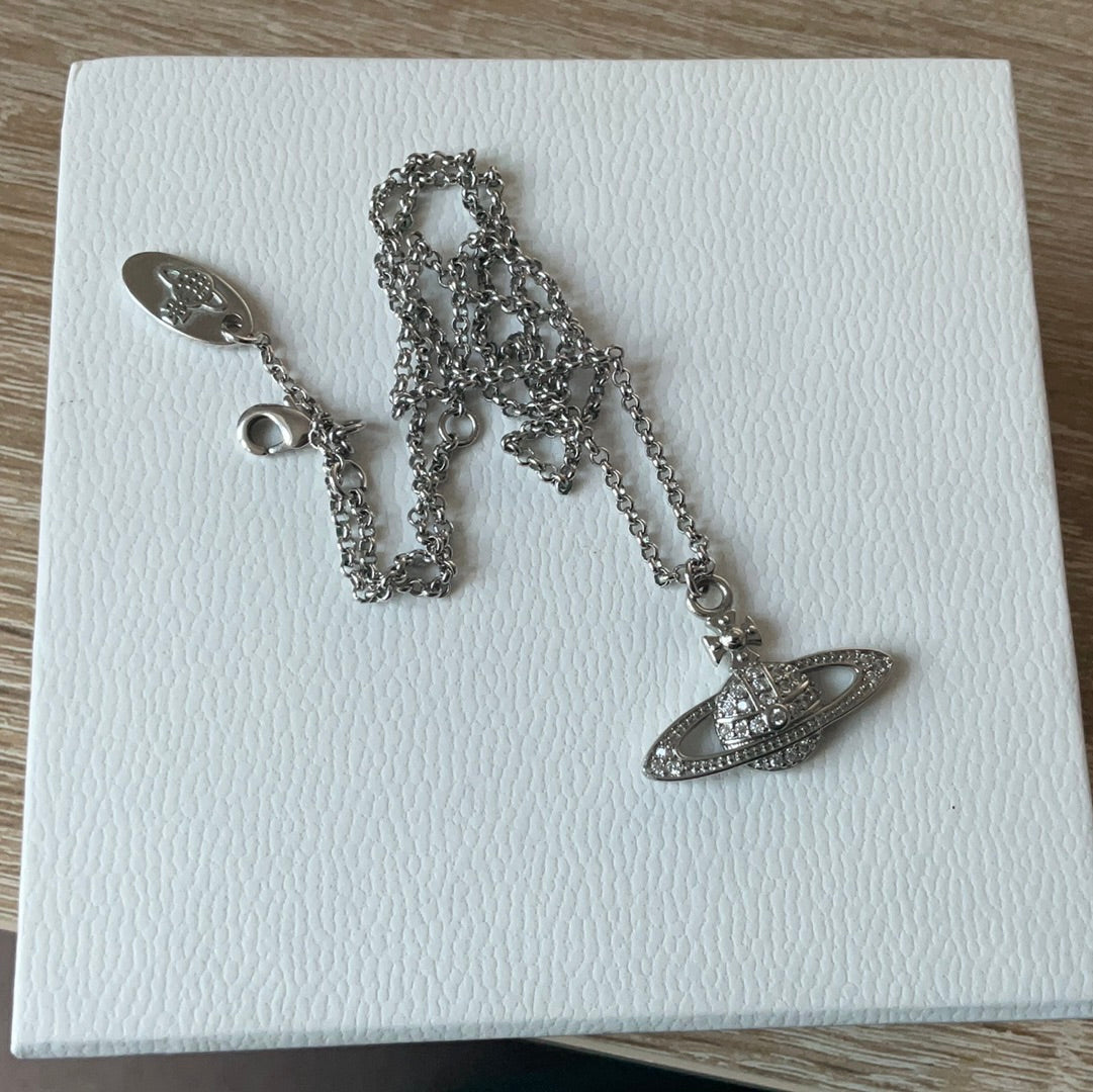Genuine Vivienne Westwood Orb Pave Relief Silver Necklace 50cm Drop