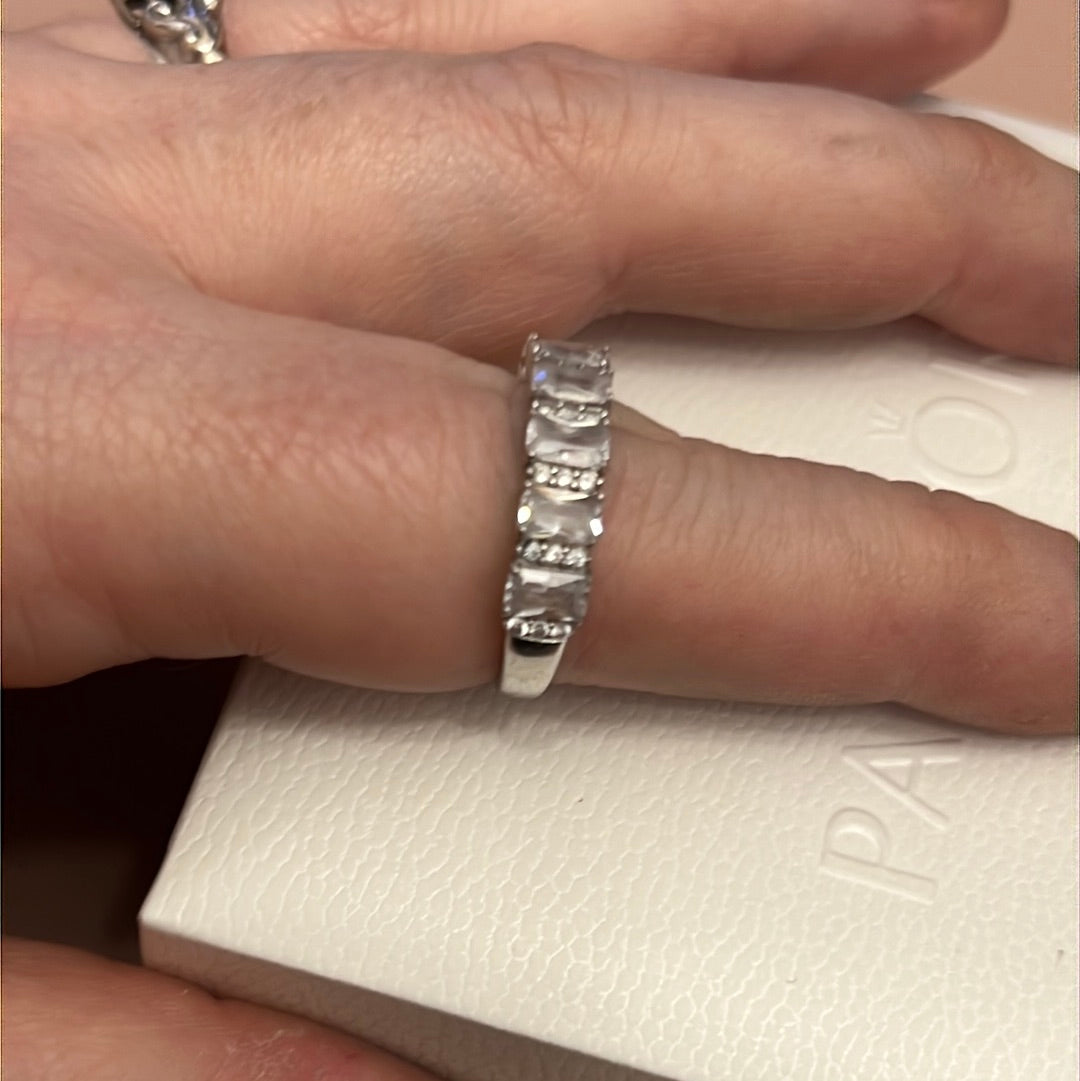 Sterling Silver Large Clear CZ Pave Rectangle Line Ring Size 60