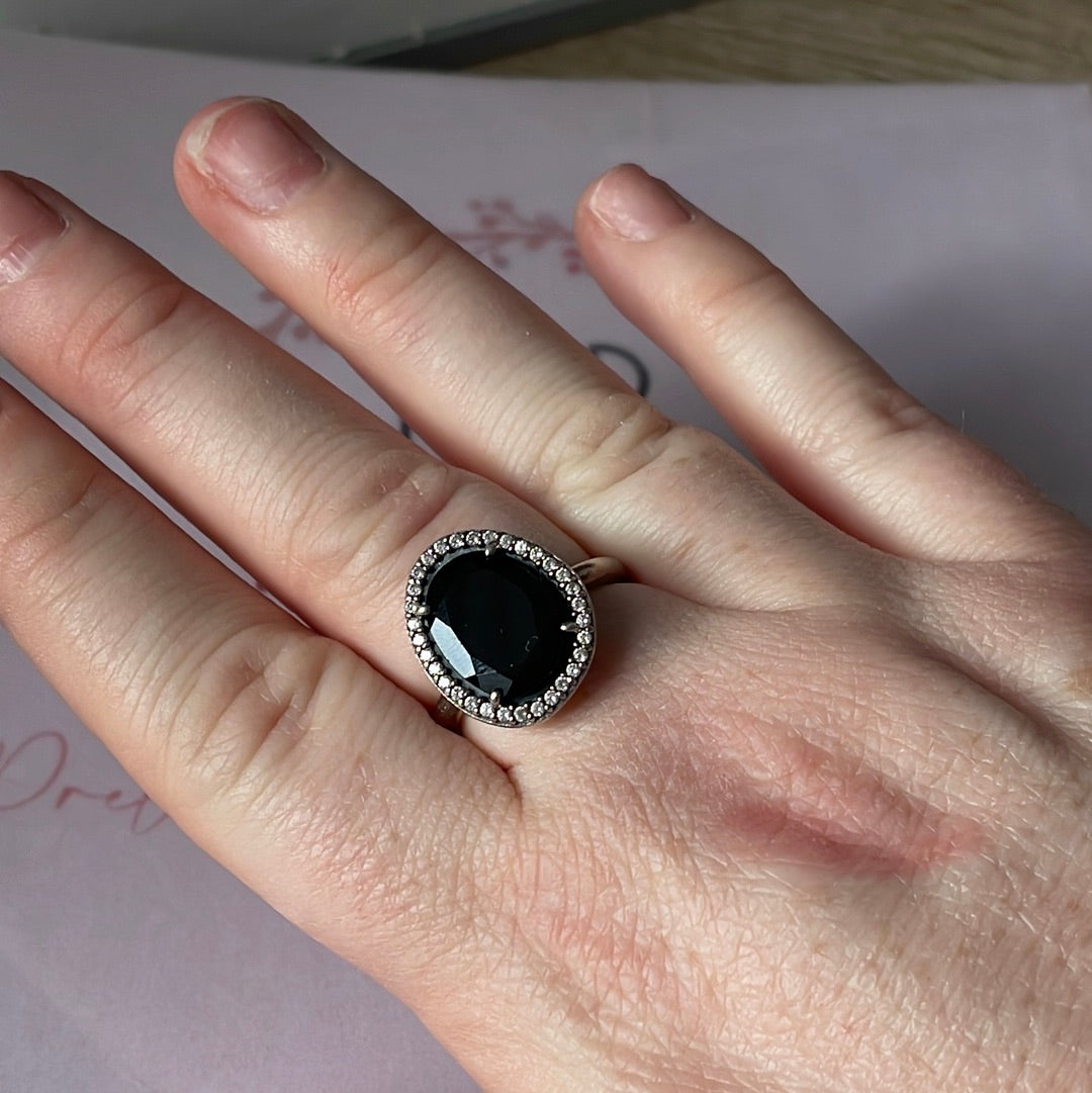 Genuine Pandora Rare and Retired Black Onyx Stone Amethyst Pave Ring in Size 52 HTF