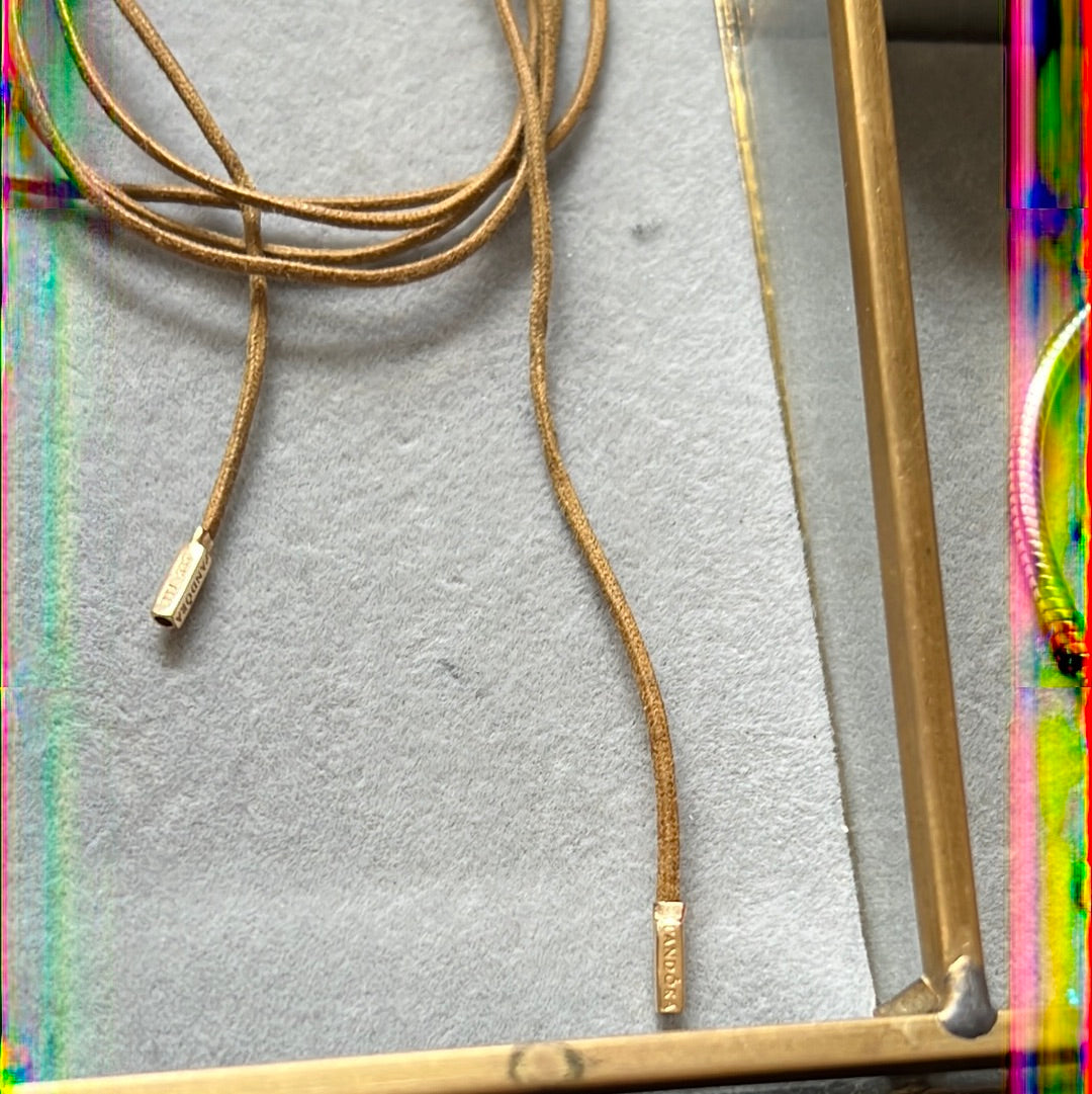 Genuine Pandora Light Tan Leather Lariat String with Solid Gold G585 Ends Rare 90cm