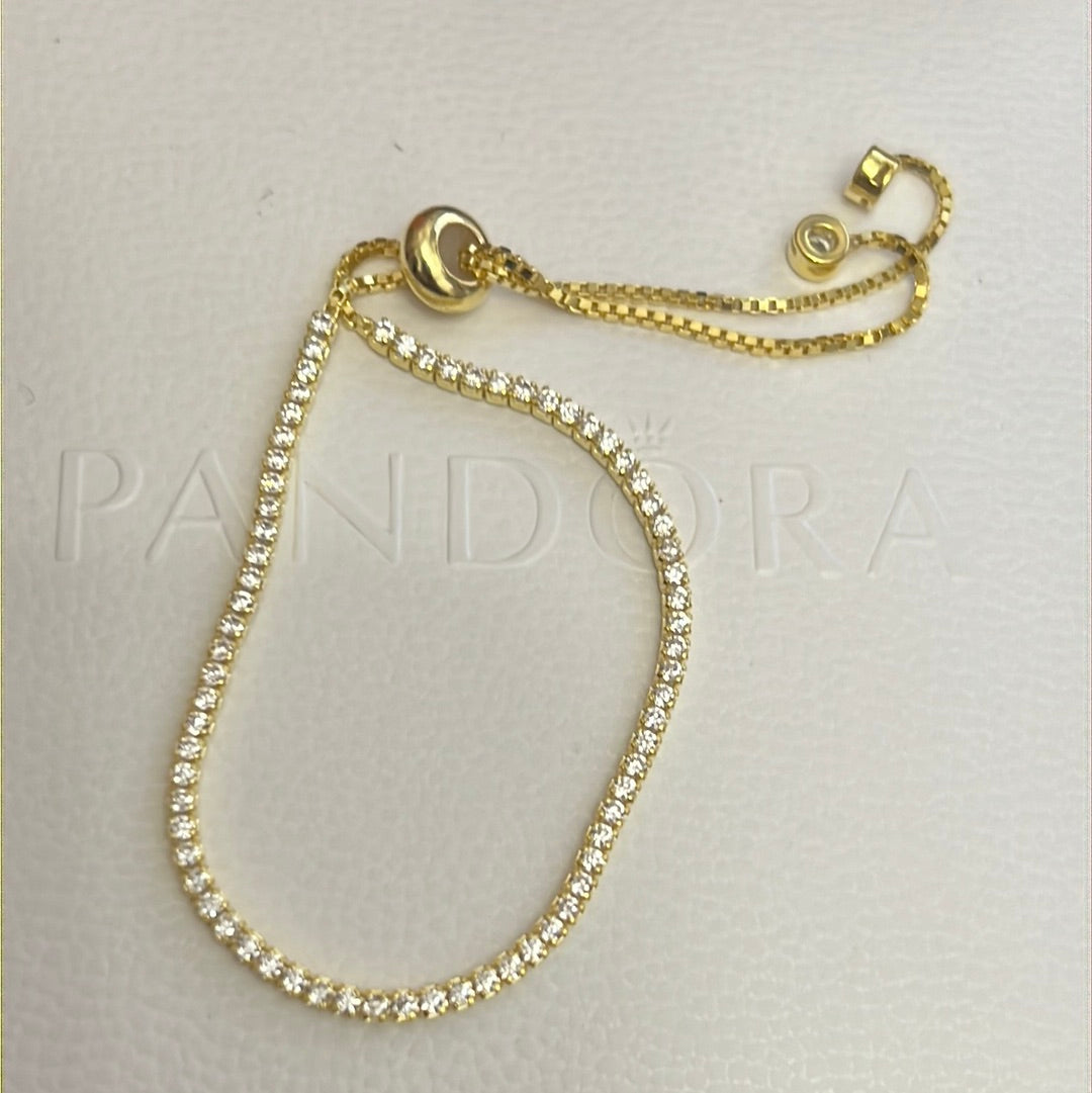 Sterling Silver 18kt Plated Pave Slider Bracelet Adjustable
