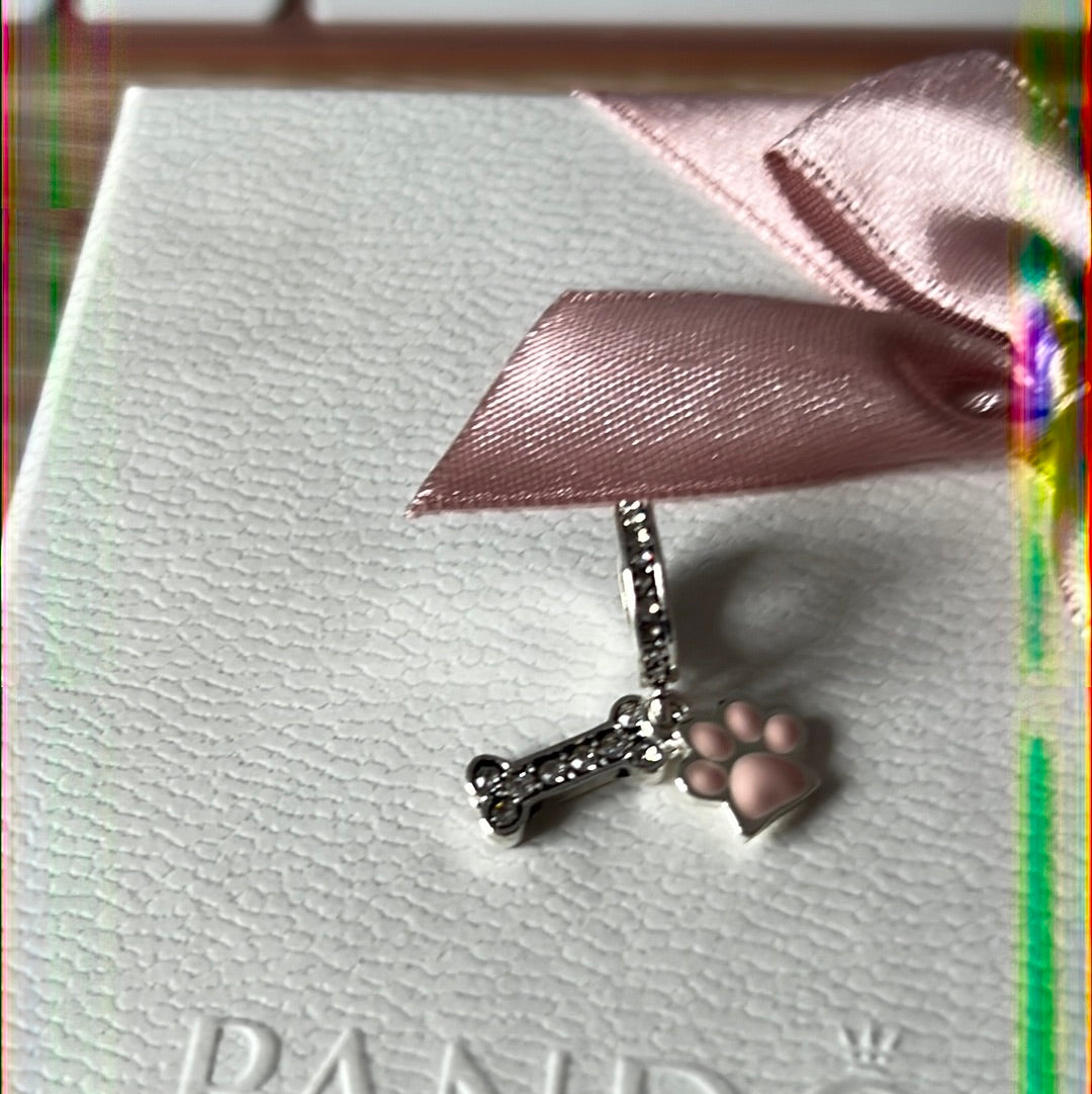 Sterling Silver Paw Print Enamel Dangle and Pave Bone Charm