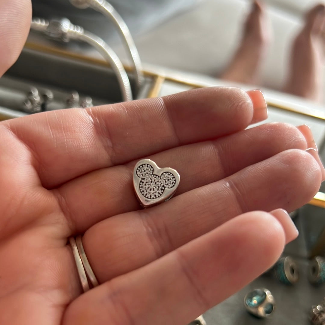 Genuine Pandora Charm Mickey & Minnie Pave Openwork Sides Heart 792049CZ