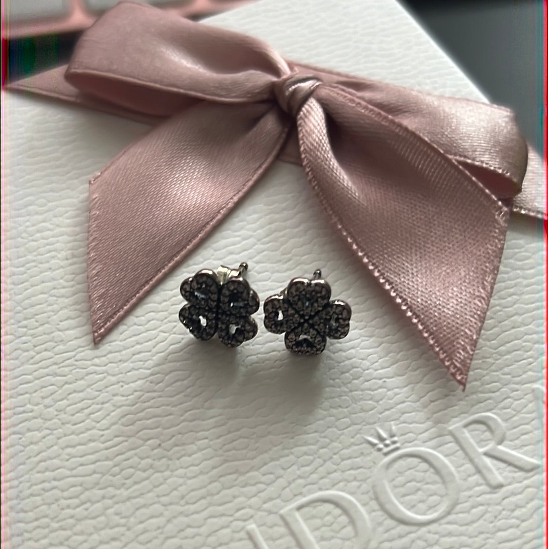 Genuine Pandora Clover Heart Flower Pave Earrings