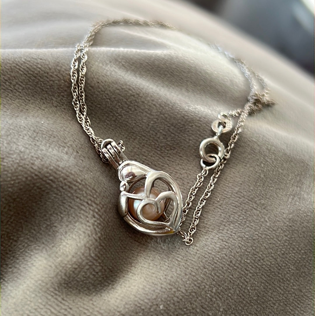 Sterling Silver Luminous Freshwater Pearl Cage Mother’s Love Necklace 50cm