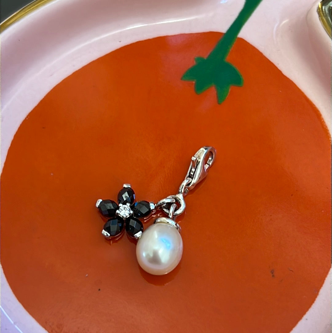 Genuine Thomas Sabo Sterling Silver Dangle Black Flower Glass and Pearl  Charm