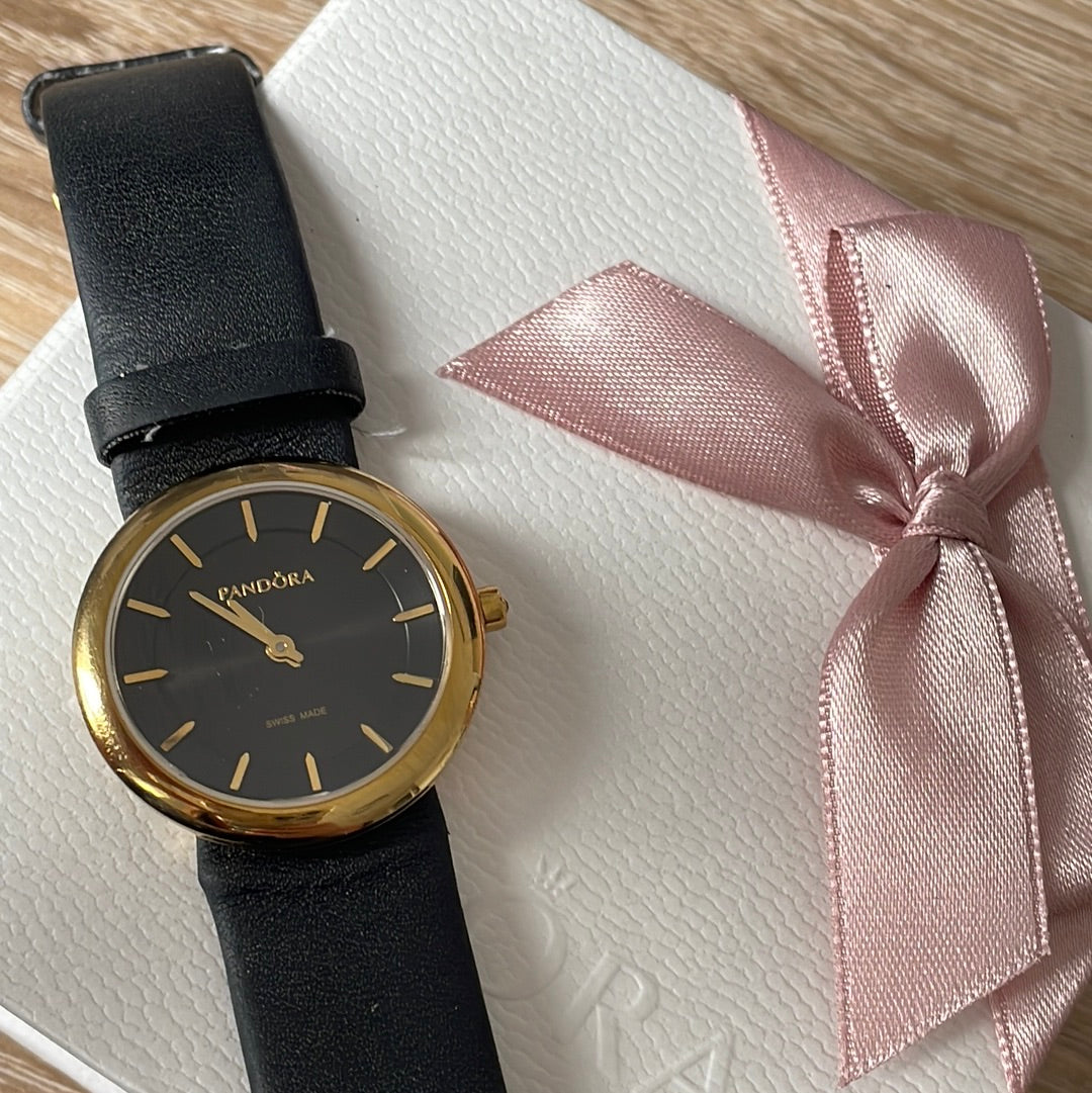 Genuine Pandora Gold Plated Hardware Black Crown Diamond Pure 8120158K Watch with Navy Leather Strap