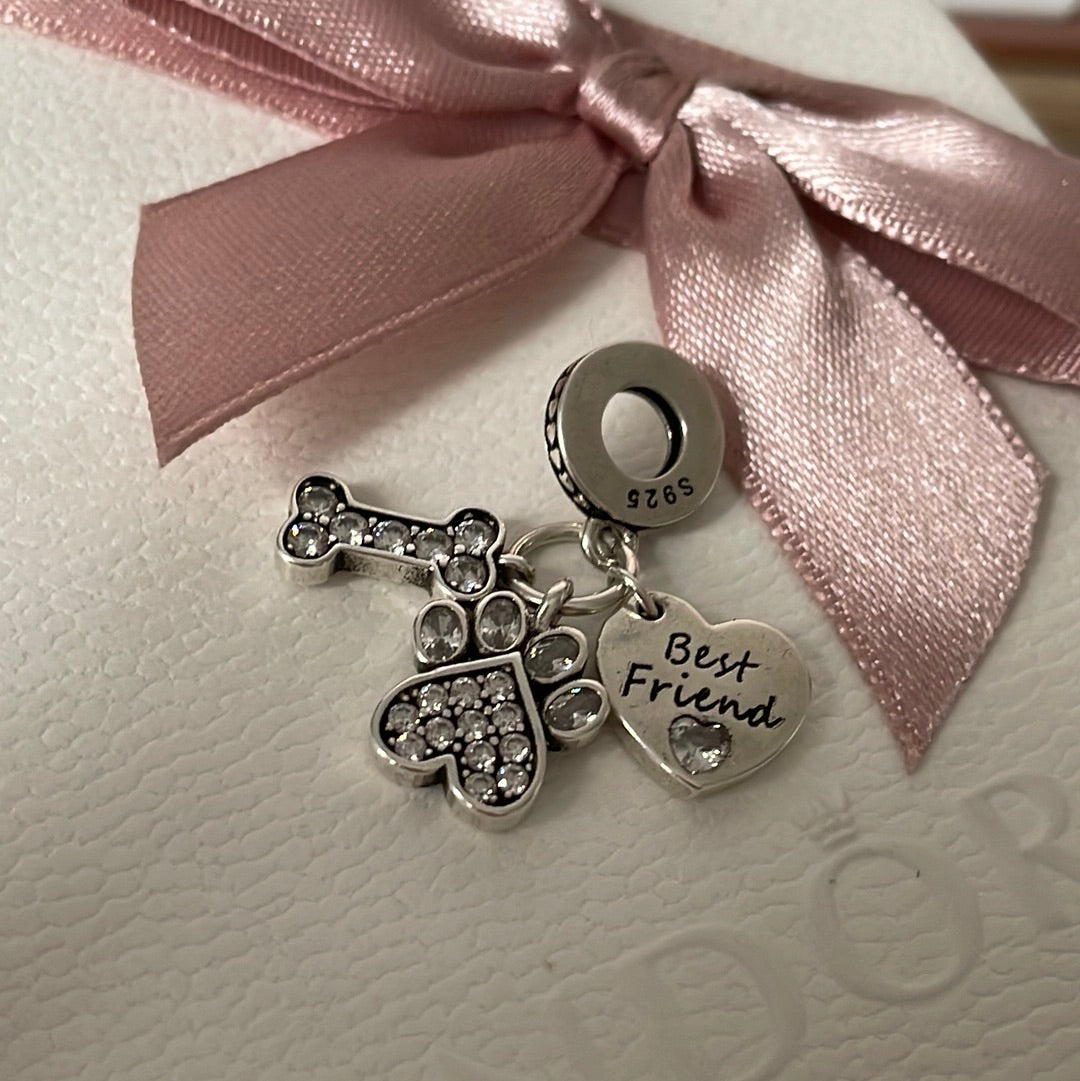 Sterling Silver Dog Pave Bone, Paw Print Best Friends Dangle Charm