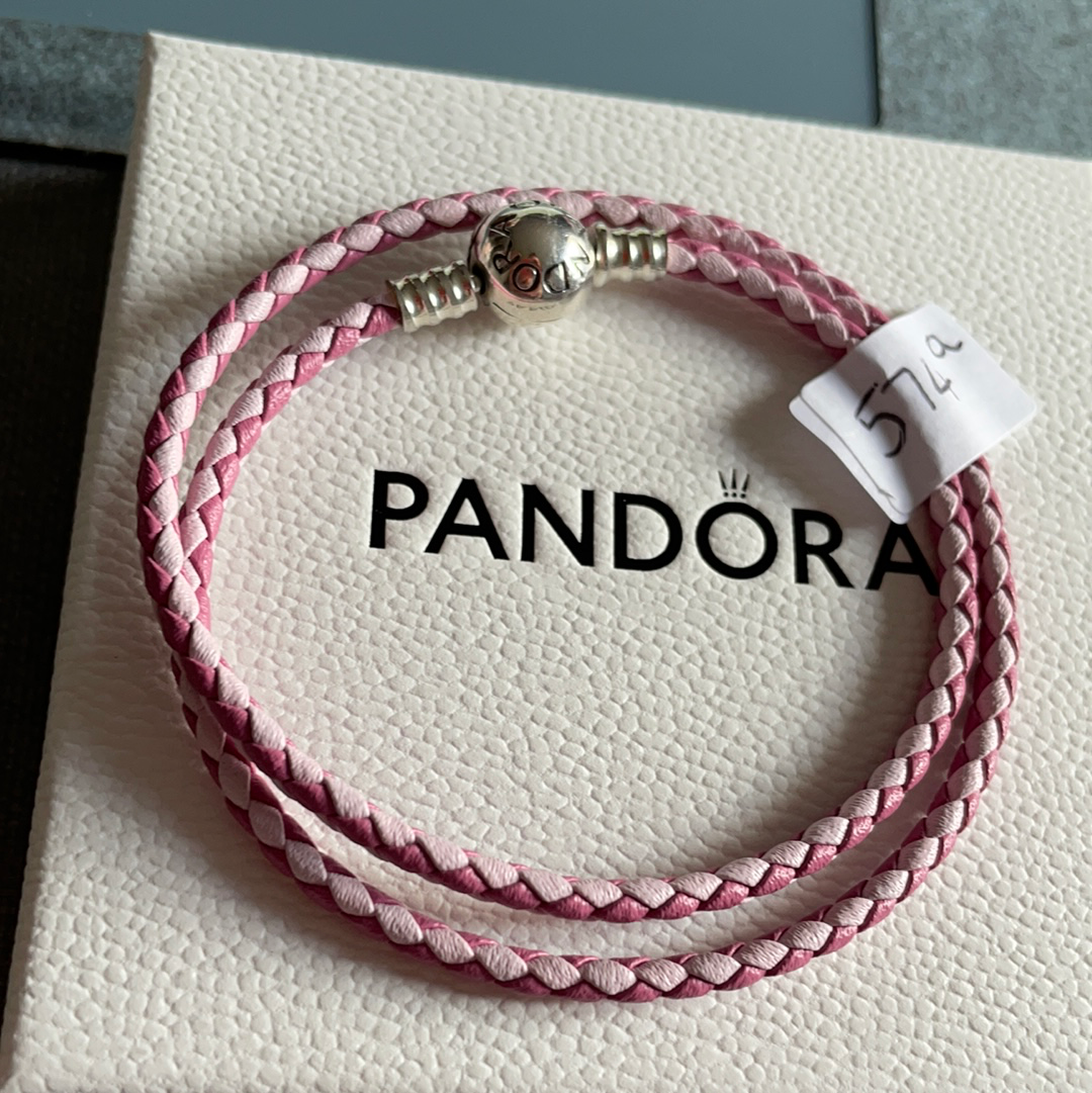 Genuine Pandora Double Wrap Leather New Style Clasp Pink and Light Pink Weave