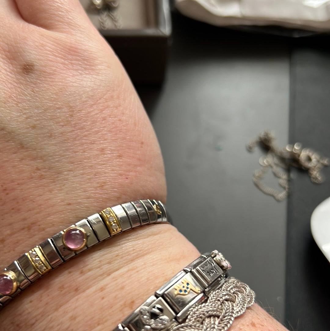 Genuine Nominations Sterling Silver Two Tone Pink Stone Stretch Bracelet
