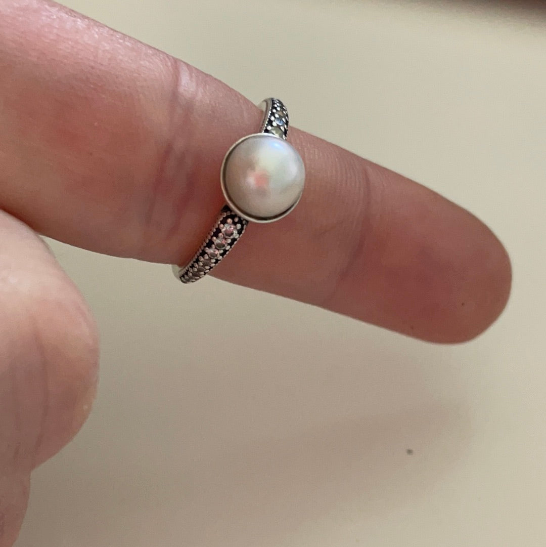 Genuine Pandora Pave and Pearl Ring CZ Size ..