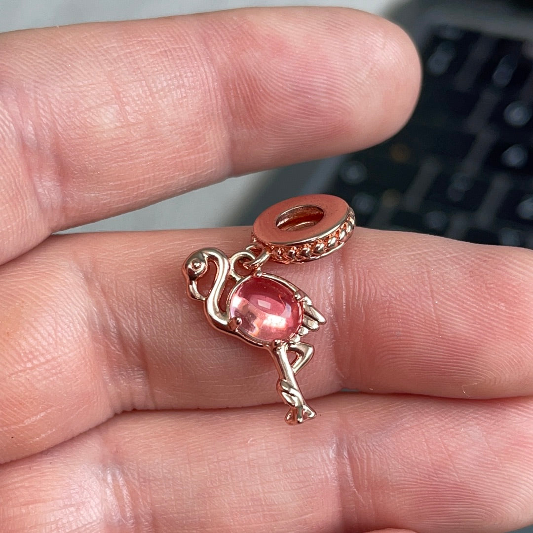 Genuine Pandora Rose Gold Summer Enamel Dangle Pink Stone Flamingo Charm