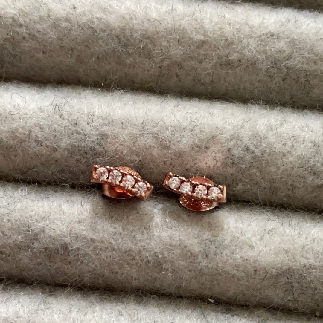 Brand New Rose Gold Plated Sterling Silver Earrings Studs Cz Little Lines TINY