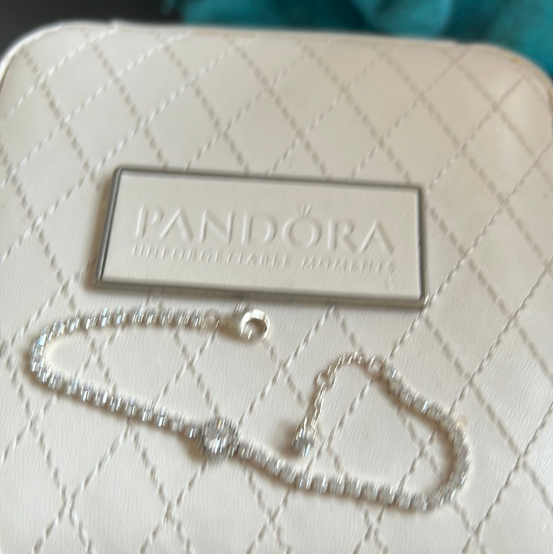 Genuine Pandora Sparkling Double Halo Pave Tennis Bracelet 18cm Max