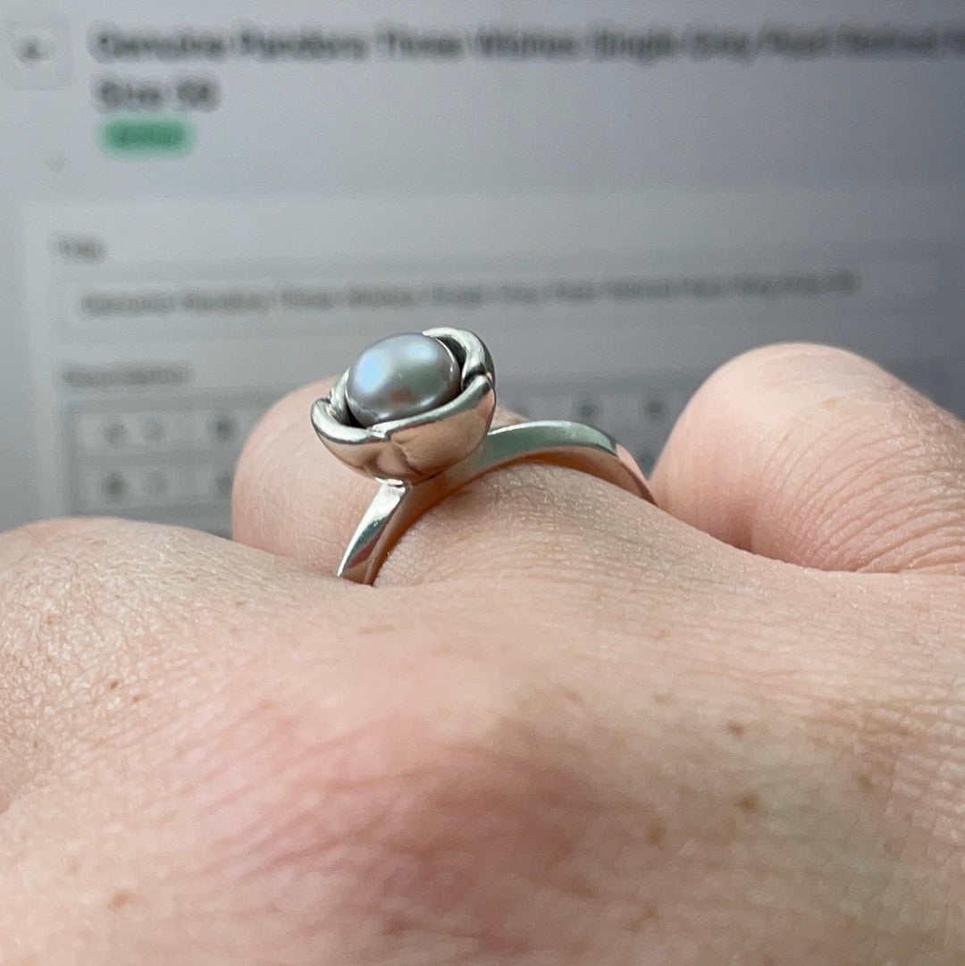 Genuine Pandora Three Wishes Single Grey Pearl Retired Rare Ring Size 57