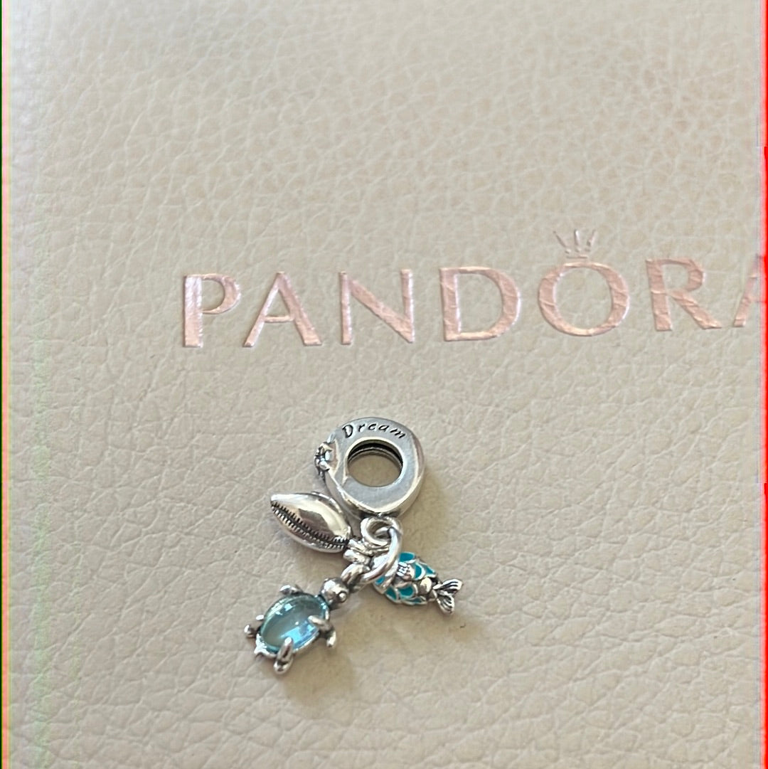 Genuine Pandora Blue Stoned Turtle, Fish and Shell Summer Collection Dangle Charm