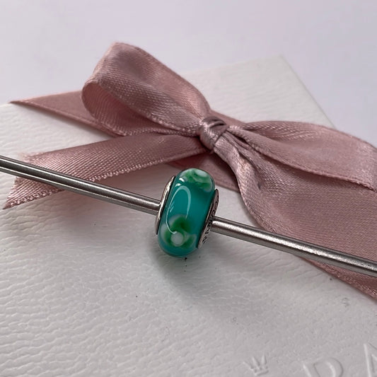 Genuine Pandora Green and Light Pale Green Flowers Murano Glass Charm