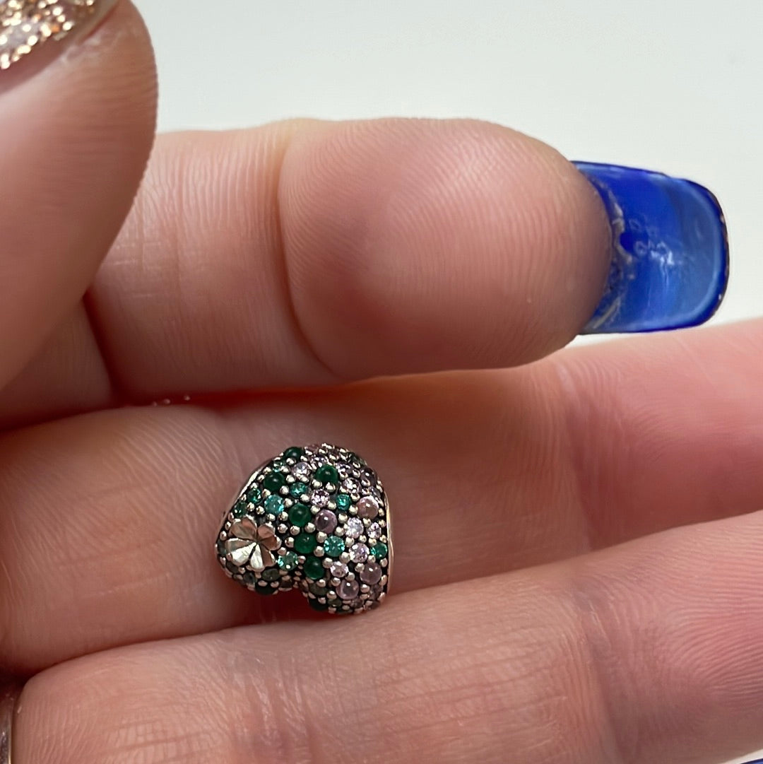 Genuine Pandora Lucky Clover Green and Clear Pave Heart Charm