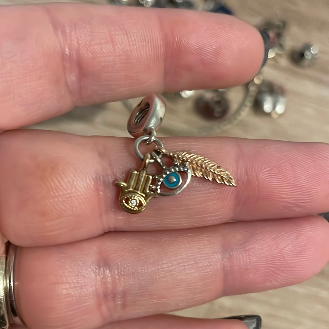 Genuine Pandora Lucky Charm Tri Tone Dangle Eye, Feather, Hamsa Hand