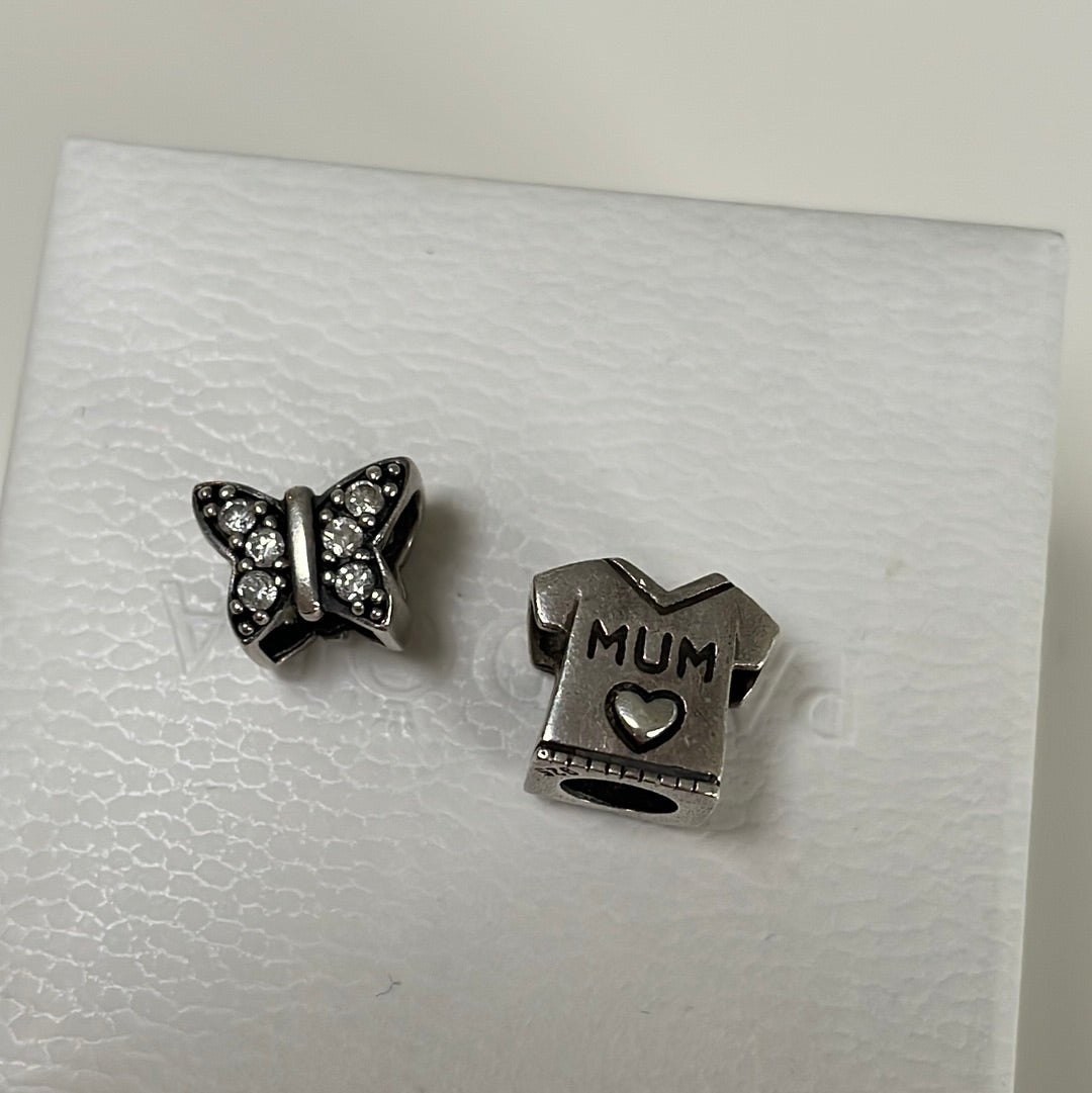 Sterling Silver Pair of Charms Mum and Pave Butterfly