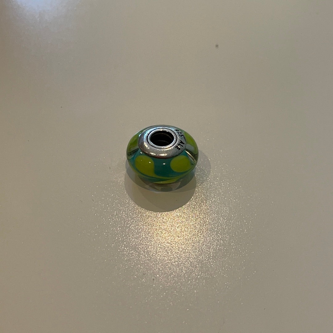 Genuine Pandora Lime Green Swirl Paint on a Green Background Murano Charm