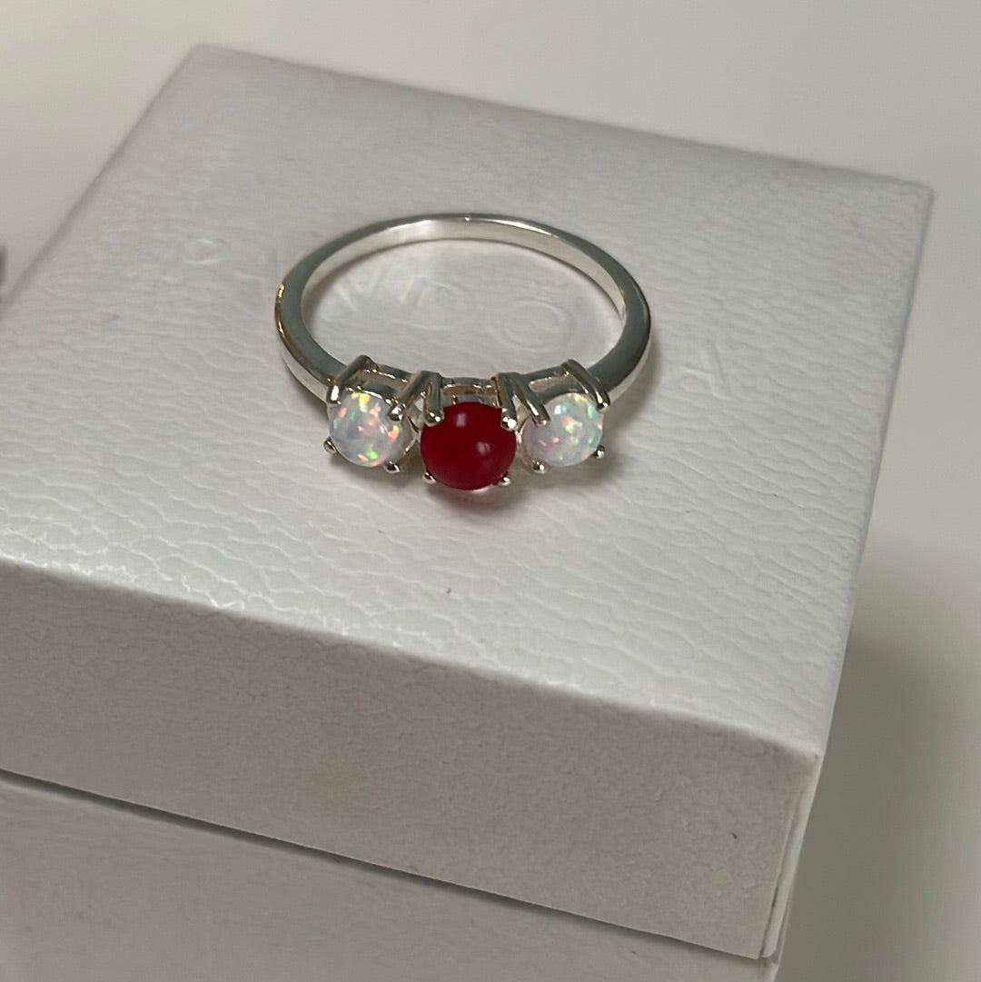 Sterling Silver Ring With 2 x Opal Stones and Red Stone Size 54