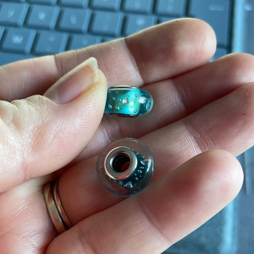 Pandora (?) PLEASE READ Faceted Murano Blue Turquoise With Bubbles Charm x2
