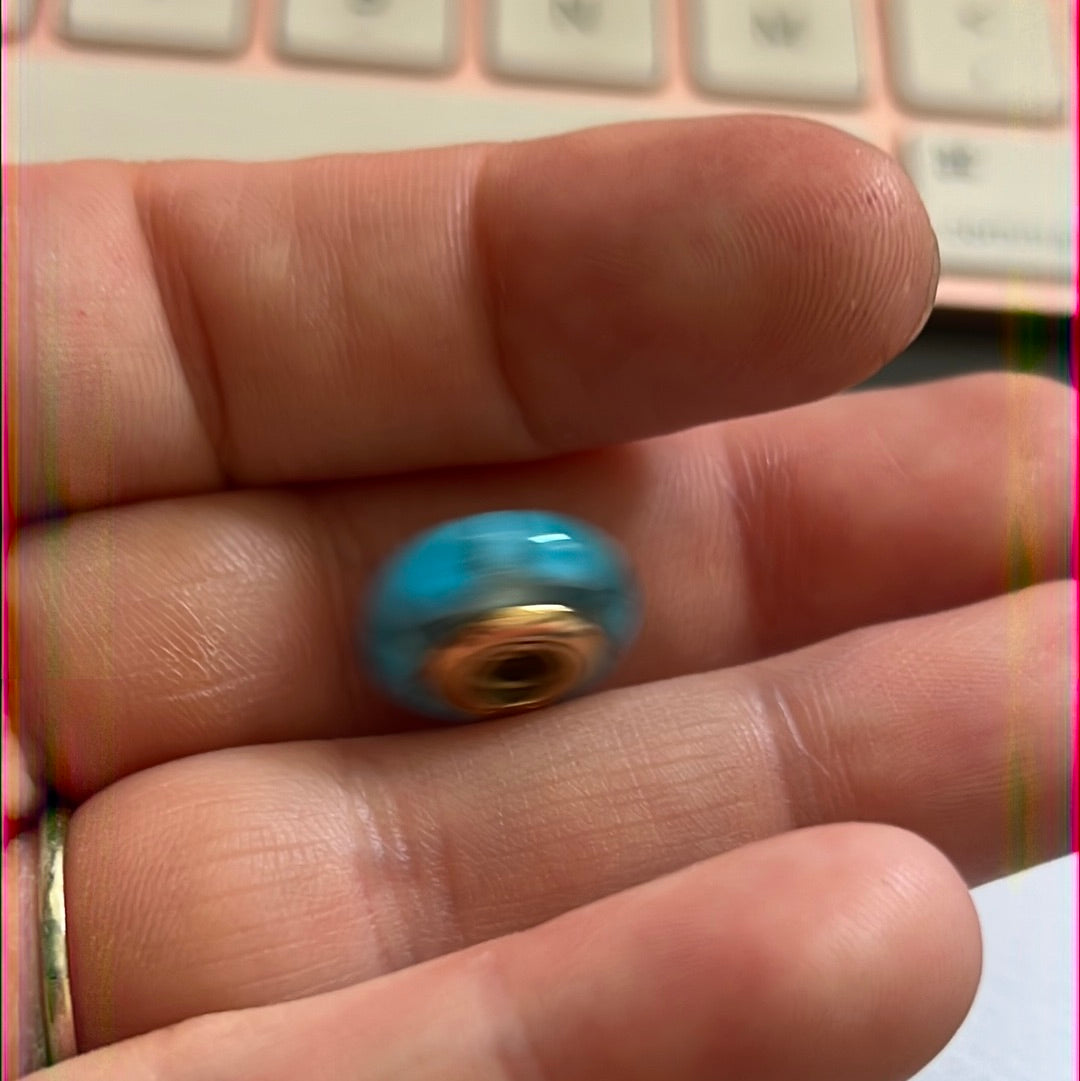 Genuine Pandora Solid 14ct Blue Bullseye Gold Glass Mystic Murano Charm HTF