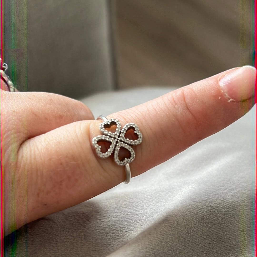 Genuine Pandora Pave Heart Clover Flower Ring 54
