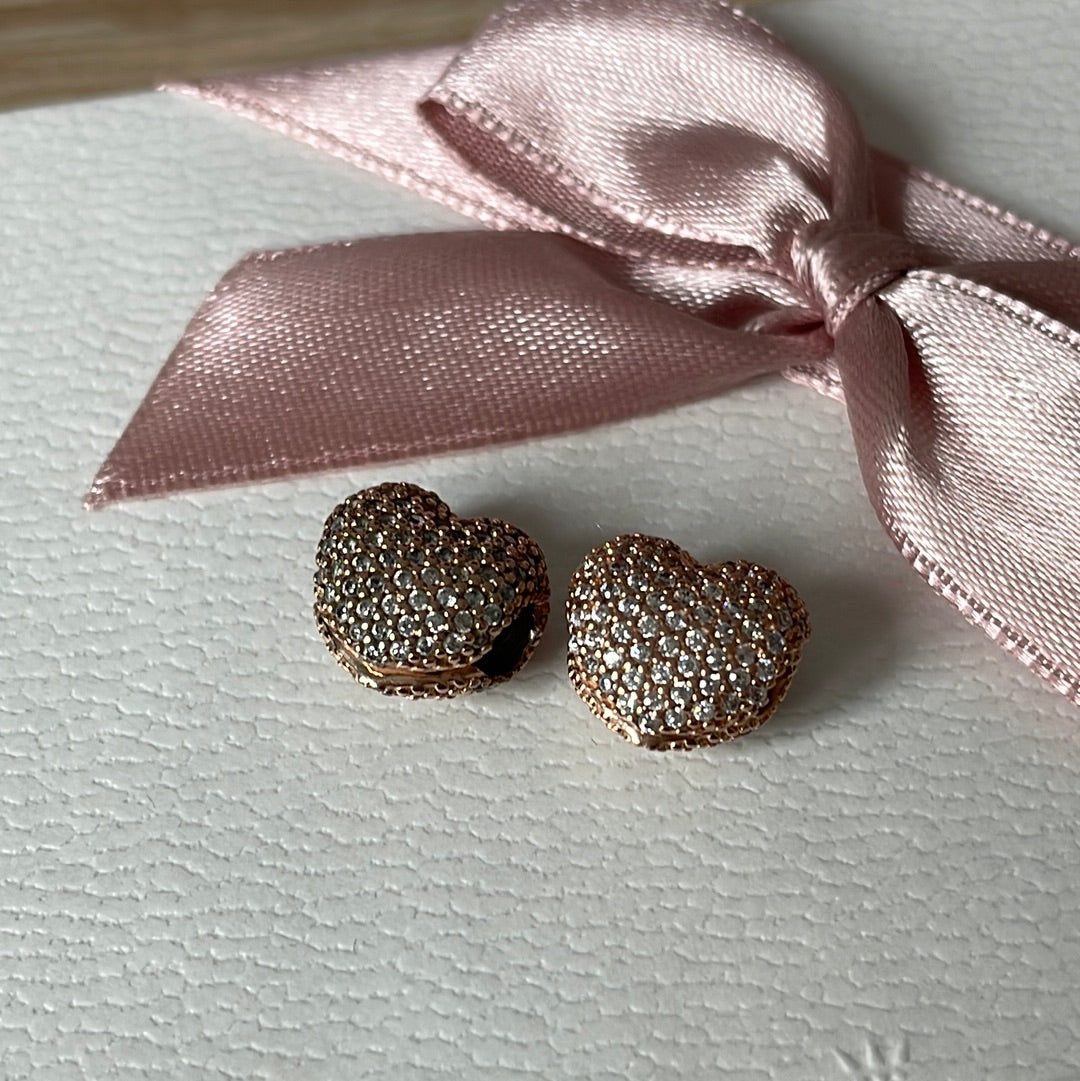 Genuine Pandora Rose Gold Pave Clear Heart Clip x1