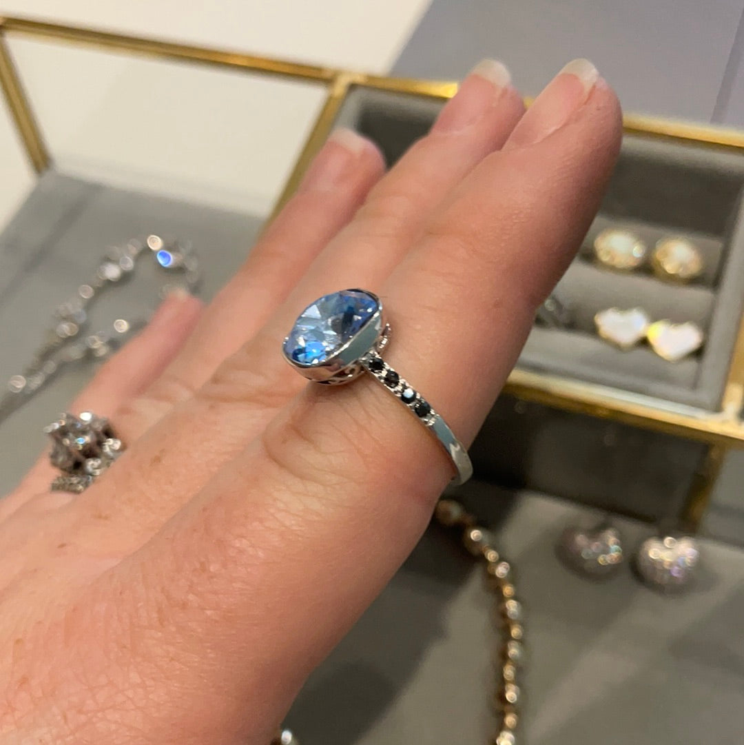 Brand New Sterling Silver Large Baby Blue Square Stone With Navy Pave Band Size 56