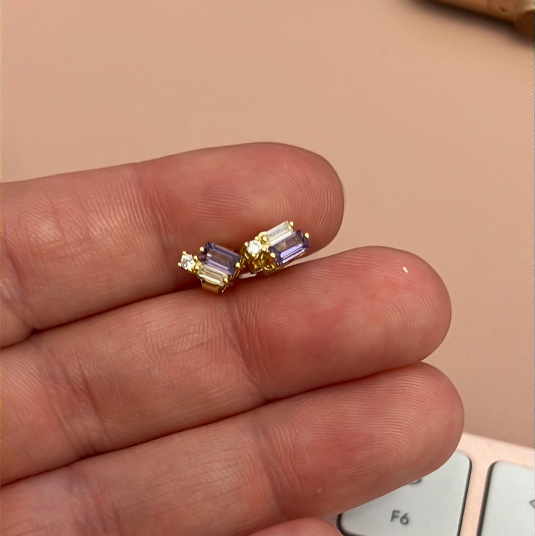 Sterling Silver Gold Plated Earrings Vivid Lilac and Clear Stone Beautiful