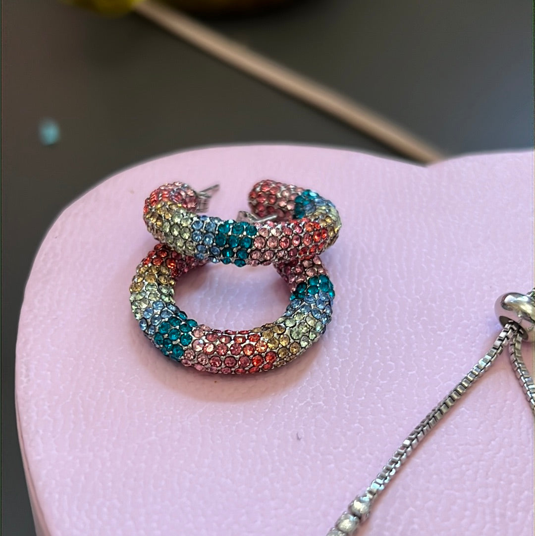 Silver Plated Beautiful Colourful Statement Pave CZ Large Hoops