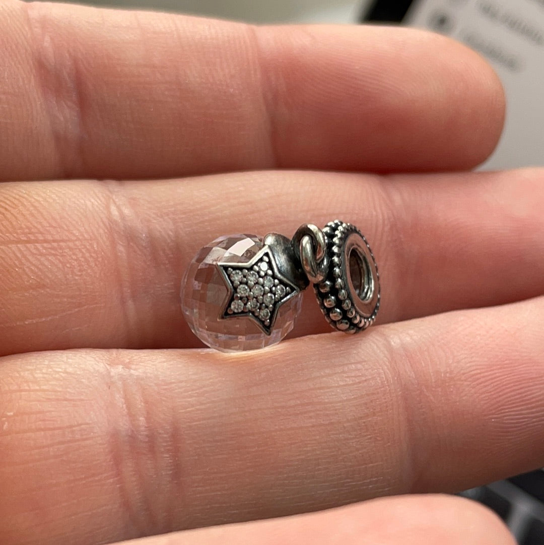 Genuine Pandora Clear Faceted Glass Murano Dangle With Pave Star Charm