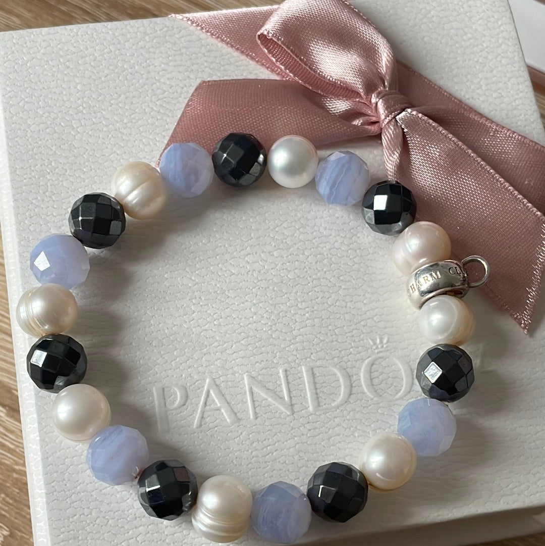 Thomas Sabo Sterling Silver Club White Pearl, Grey Hematite and Blue Dumortiertite Bracelet Medium