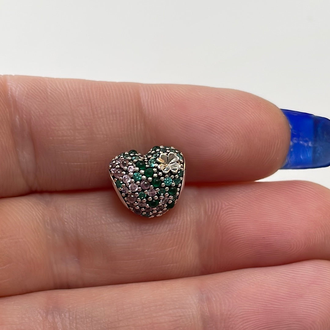 Genuine Pandora Lucky Clover Green and Clear Pave Heart Charm