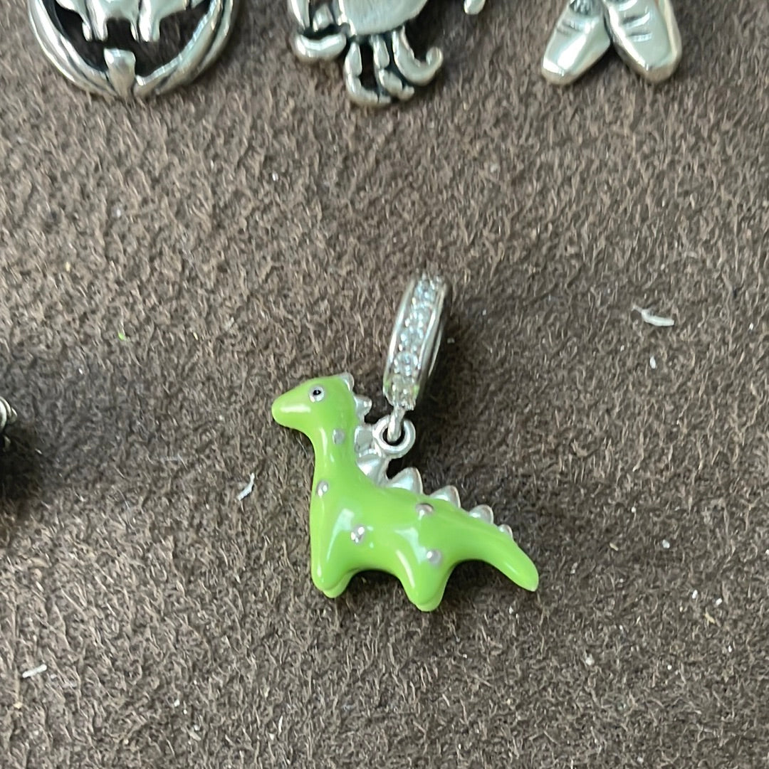 Sterling Silver Enamel Green Dinosaur Dangle Charm