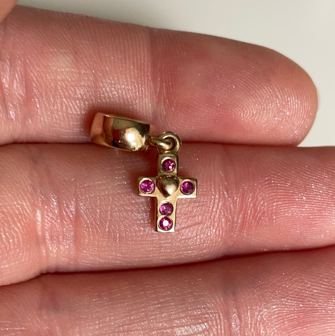 Genuine Pandora Solid 14ct Gold Pink Sapphire Cross Dangle Charm HTF